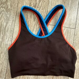 Cotopaxi Mari cross strap sports bra brown w orange / blue contrast trim size XS